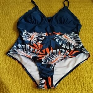 PatPat Blue and Orange Leaf Print Swimsuit